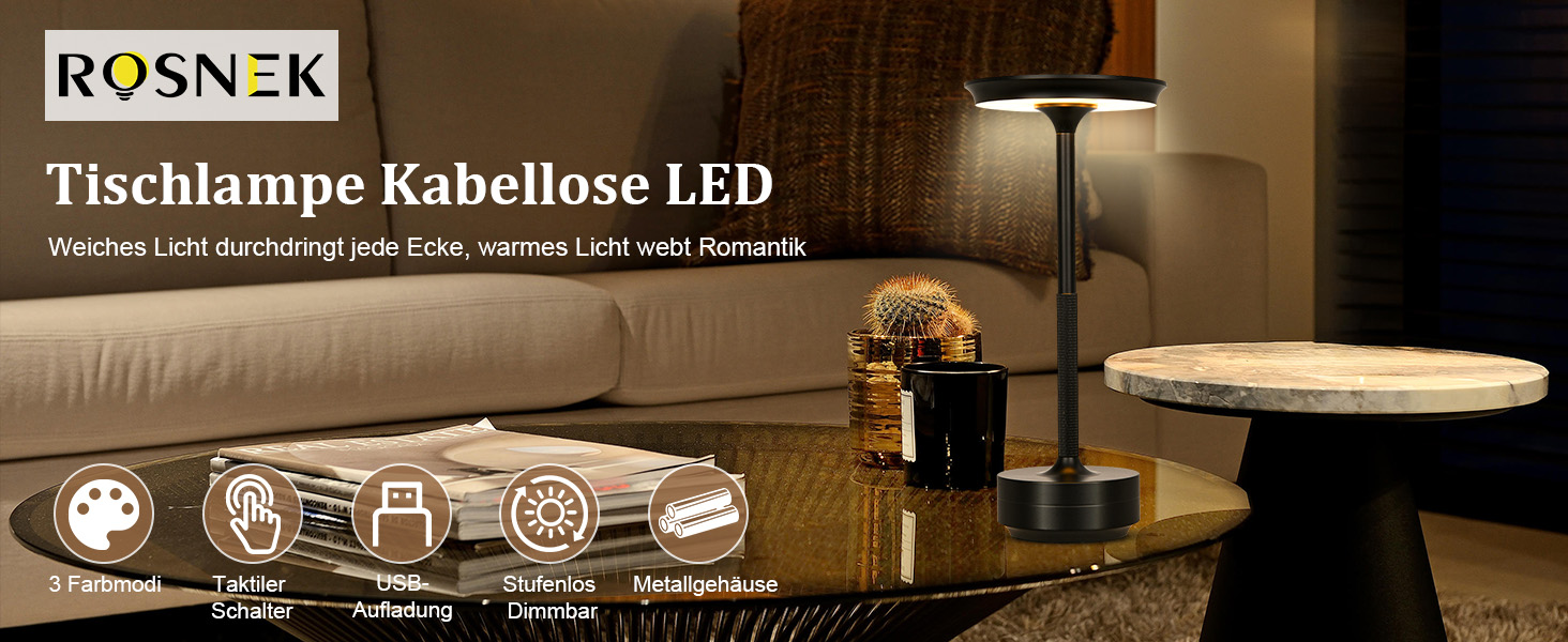 Бездротова LED-лампа Rosnek для столу з регулюванням кольору та димуванням, акумуляторна, з USB-C, стильна металева лампа (чорна)