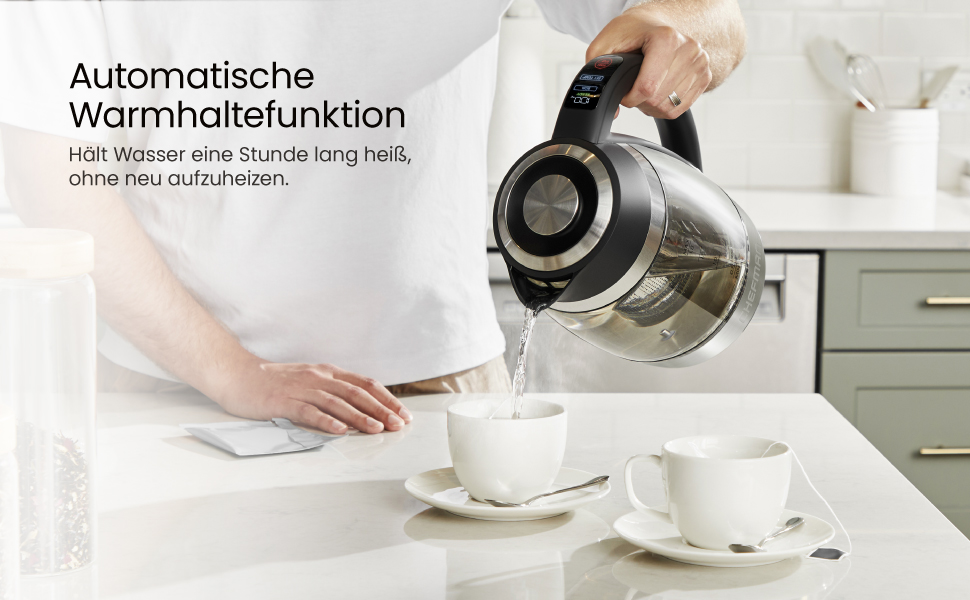 Електричний чайник Chefman 1.8L з нержавіючої сталі, автоматичне вимкнення, захист від перегріву, скло Borosilikat, функція підігріву