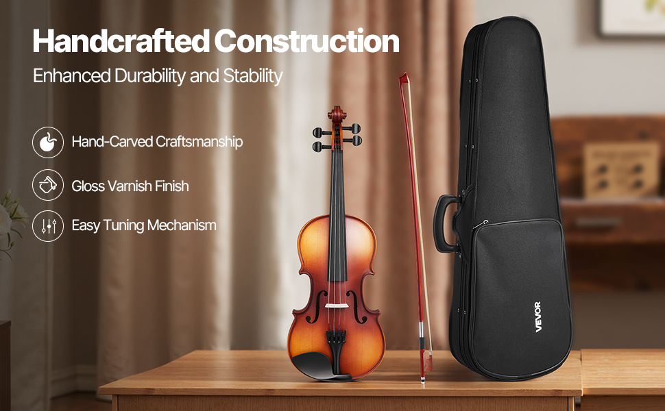 Скрипка VEVOR 4/4 з аксесуарами: футляр, колінь, стійка, струни, тюнер, дерев'яний корпус (матова коричнева)