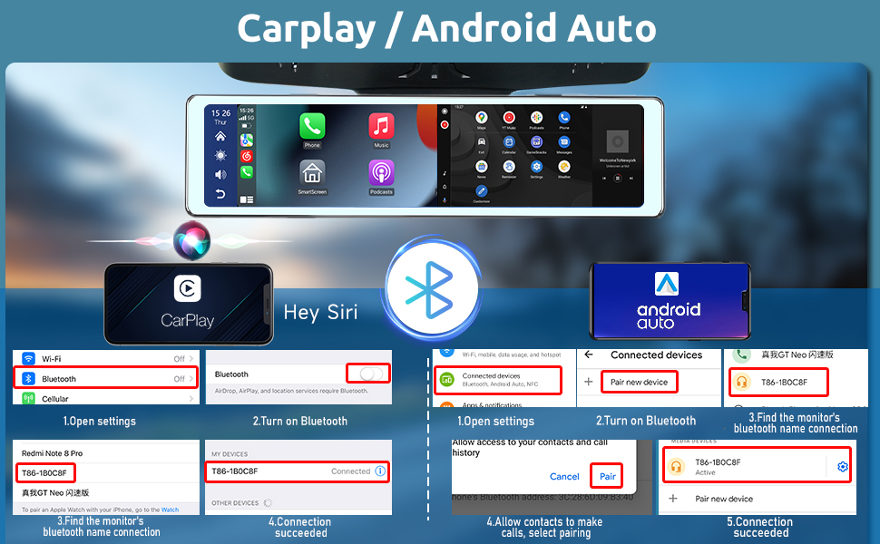 Автомобільний відеореєстратор Hodozzy з дзеркалом, Carplay, Android Auto, Bluetooth, 11.26