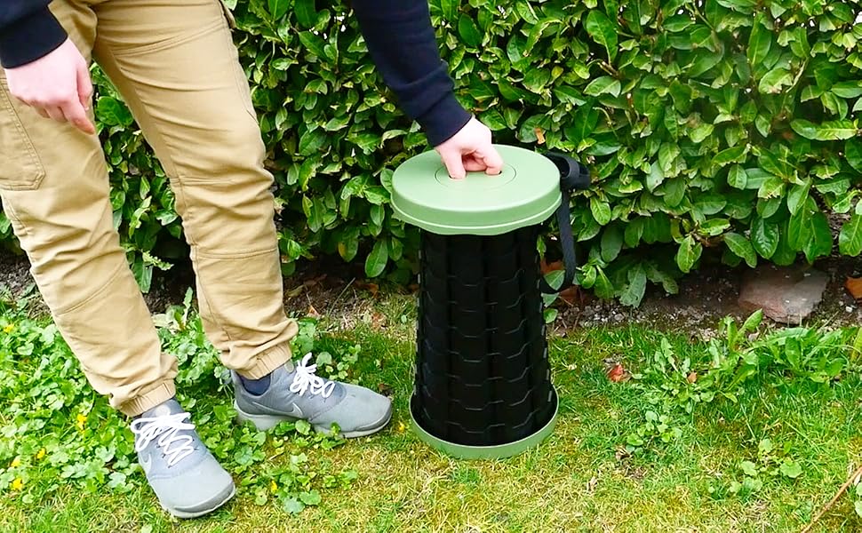 Стілець-телескоп складний Fishtec, регульована висота 6-44,5 см, ABS-пластик, вантажопідйомність 130 кг, портативний 1,28 кг, Ø25,5 см, з плечовим ременем, для кемпінгу, риболовлі, пікніка, чорно-зелений