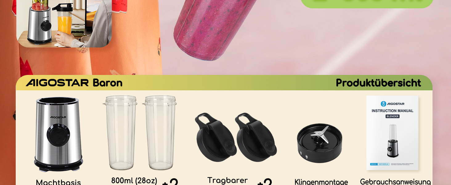 Блендер Aigostar для смузі, Mini Standmixer, 600W, 2 пляшки 800мл з кришкою, 2 швидкості + імпульсний режим, подрібнення льоду, пляшка Tritan, без BPA. Baron