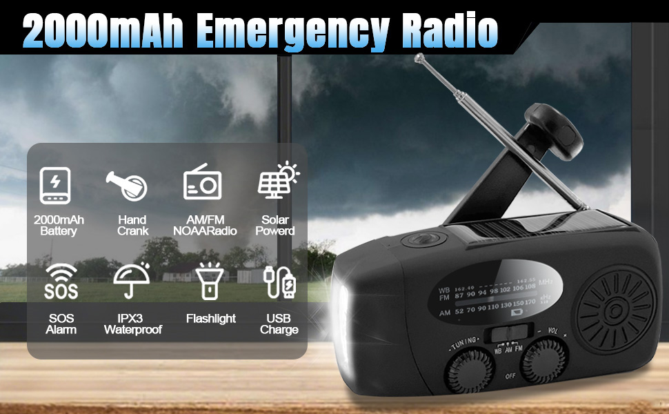 Сонячне радіо з ручним заводом 2000 mAh, AM/FM/NOAA, USB-зарядка, зарядний пристрій для телефону, SOS-сигнал, LED-ліхтарик для кемпінгу та походів (чорний)