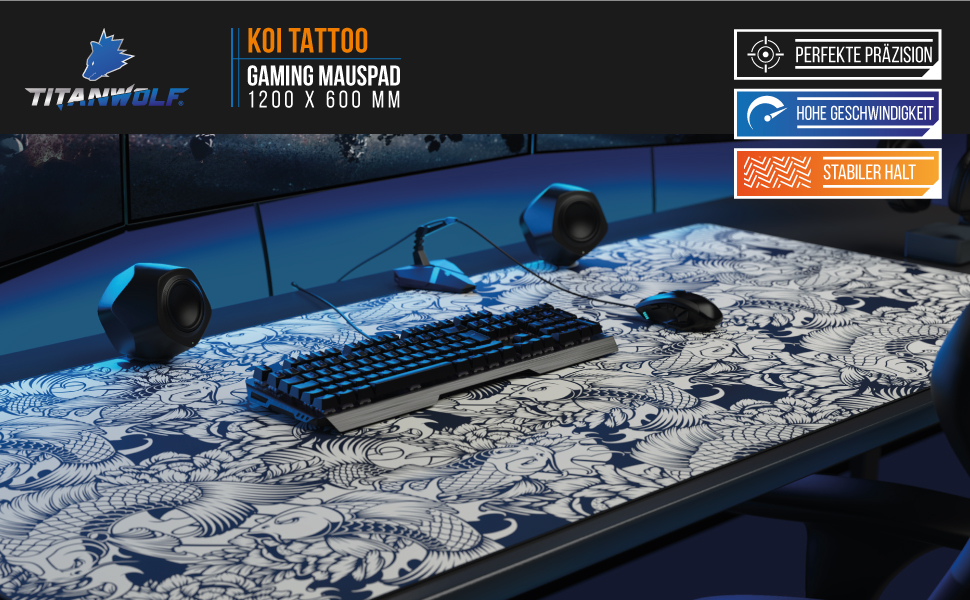 Килимок для миші Titanwolf XXXL 1200x600mm - великий ігровий килимок з мотивом Koi для миші та клавіатури Logitech