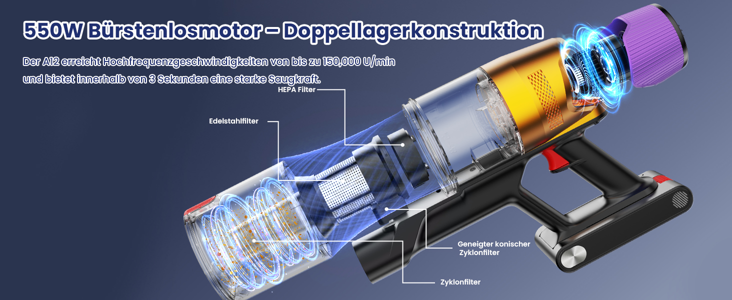 Бездротовий акумуляторний пилосос A12 з функцією миття підлоги, 8-в-1, 48Kpa, 550W, 70 хвилин, з сенсорним екраном, об'єм контейнера 1,5 л, док-станція для стін, підходить для килимів, авто, шерсті тварин, фіолетовий