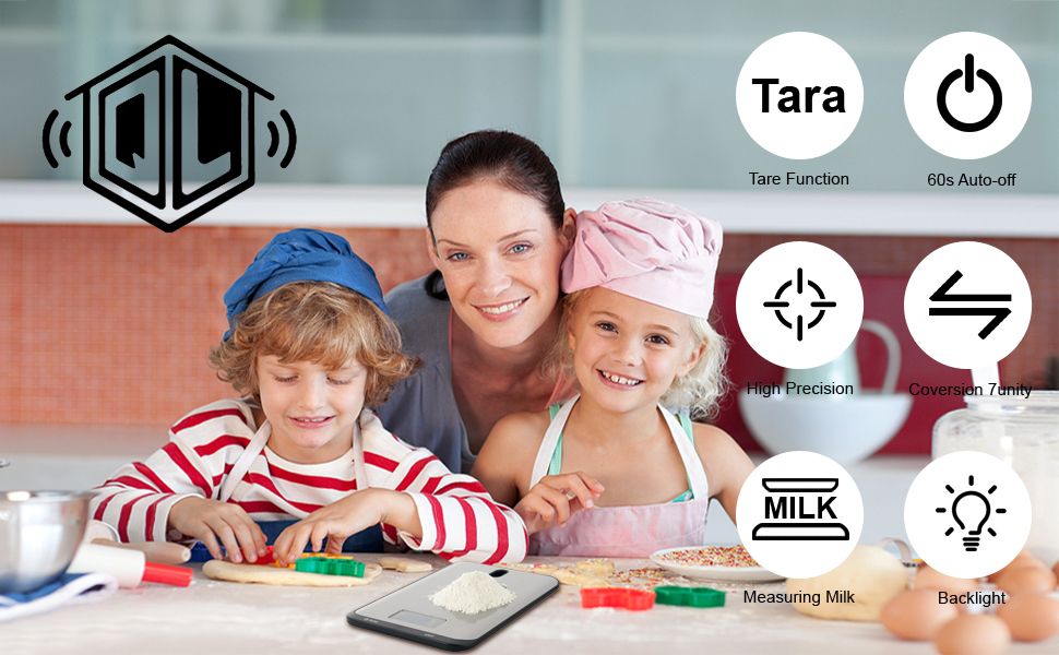 Кухонні ваги QL: цифрові, до 10 кг, з нержавіючої сталі, LCD дисплеєм та функцією тарування. Ідеальні для випічки та приготування їжі. Чорний колір.