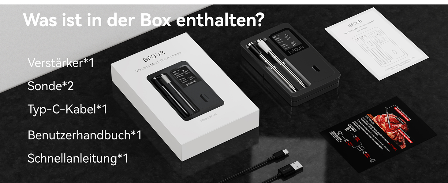 Бездротовий термометр для м'яса BFOUR з 2 зондами, Bluetooth, LCD-дисплей, керування через додаток, цифровий термометр для приготування на грилі, в духовці, диморі, BF-40 PRO чорний