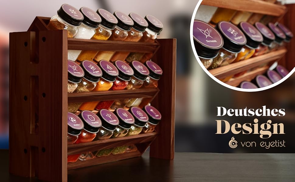 Elegant dark spice rack, wood, standing & wall mounted. 18 SPICE JARS, 25 LABELS. Spice organizer, spice rack, kitchen shelf, wood, vintage. Spice rack - spice rack system hanging - spice storage