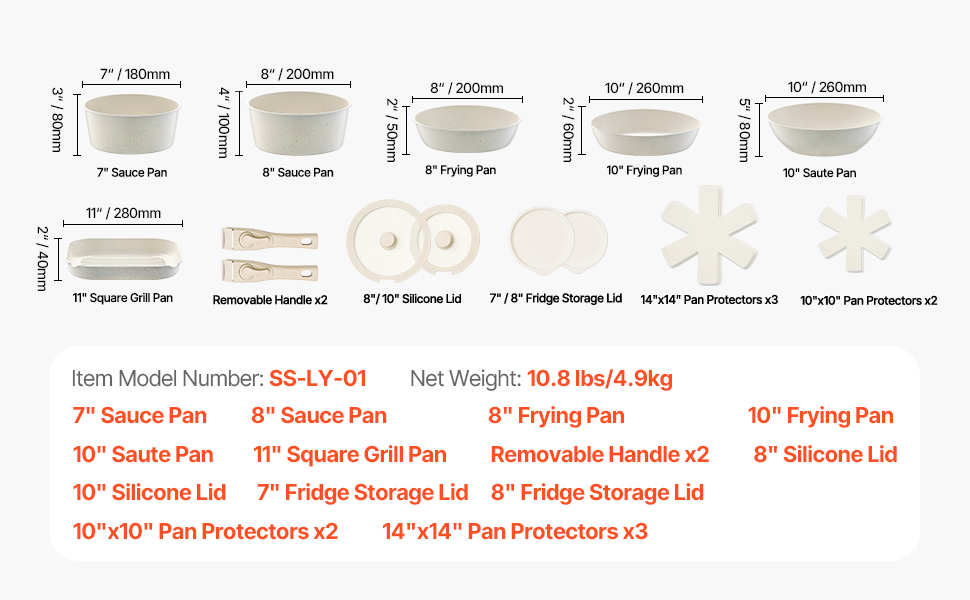 Каструля VEVOR з кришкою з термостійкого скла, антипригарна, індукційна, для кухні кемпера, приготування соусів та смаження (біла, зі знімною ручкою)