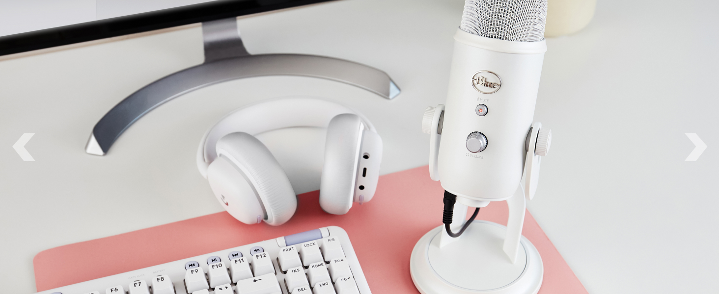 Мікрофон Logitech G Blue Yeti USB для стрімінгу, подкастів та запису (білий). Преміум-якість, Blue VO!CE, сумісний з PC та комп'ютером.