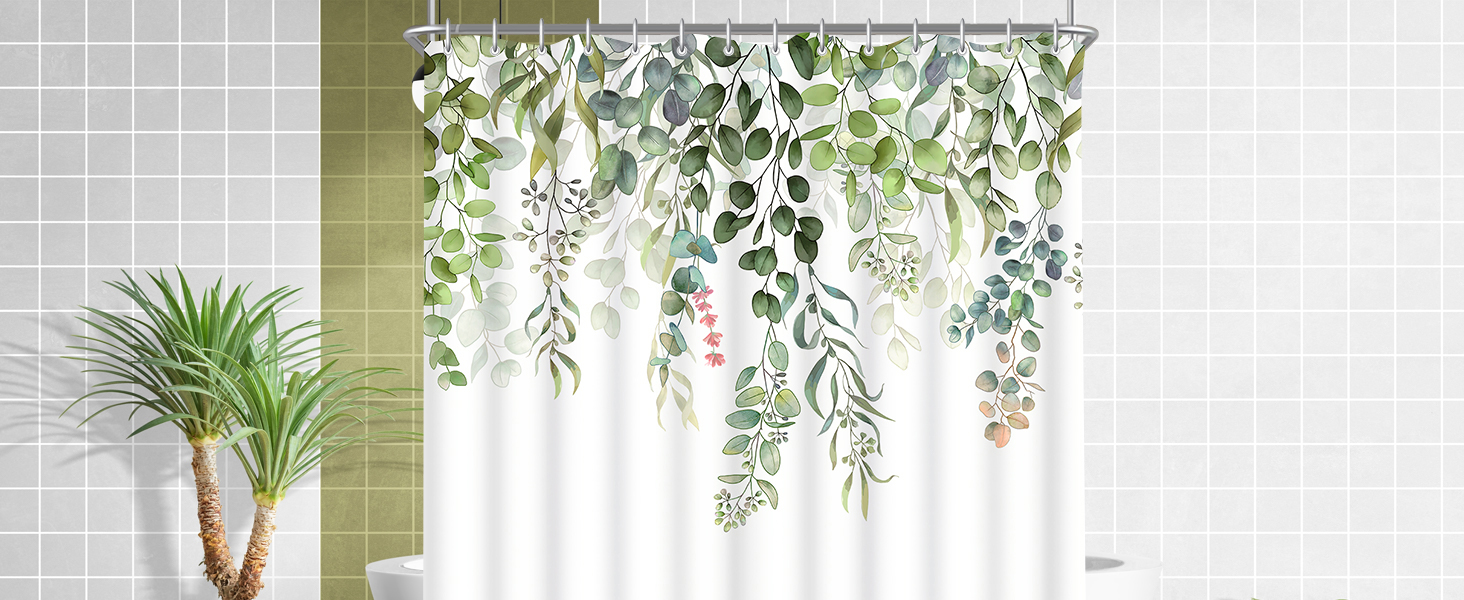Штора для душу 200x200 см, зелені листки, антигрибкова, текстильна, водовідштовхувальна, поліестер, з кільцями (1 шт)