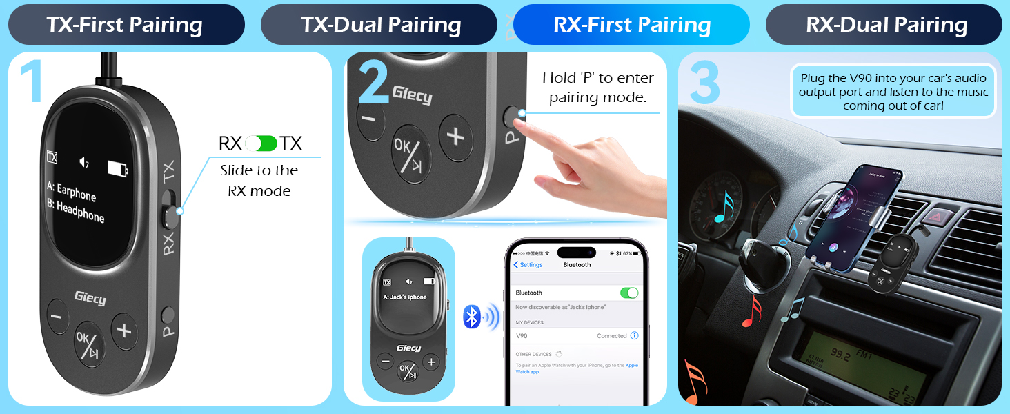 Bluetooth-адаптер 2-в-1 (передавач та приймач) з OLED-дисплеєм, aptX Low Latency, роз'єм 3.5 мм Jack для ТБ, літака, навушників та AirPods, чорний