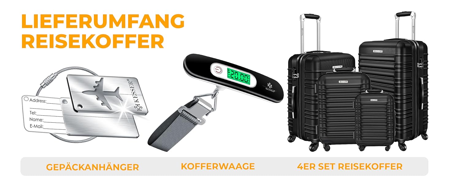 Набір валіз KESSER® 4 шт. з жорстким корпусом (S, M, L, XL) з ABS-пластику, телескопічною ручкою, вбудованою вагами та білгетом, коліщата 4 шт., замок, чорний