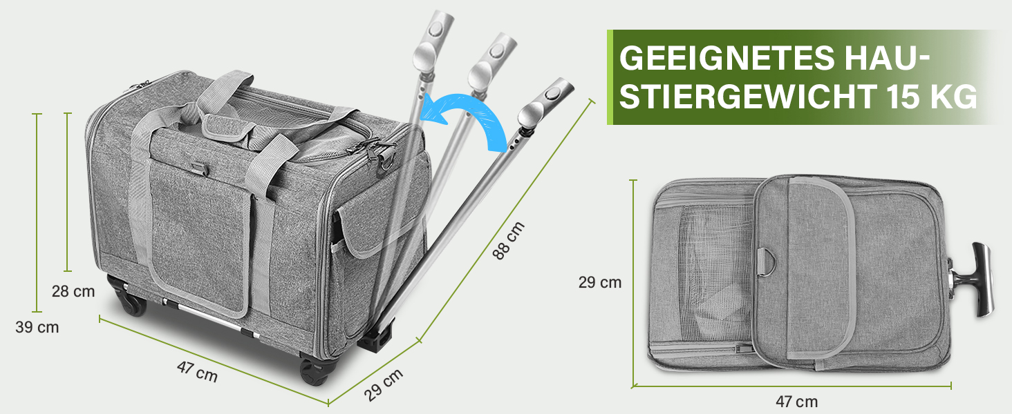 Переноска для тварин ALLSOPETS з колесами для котів та собак, схвалена для авіаперельотів, з висувним ручками, знімними колесами та плечовим ременем, сіра