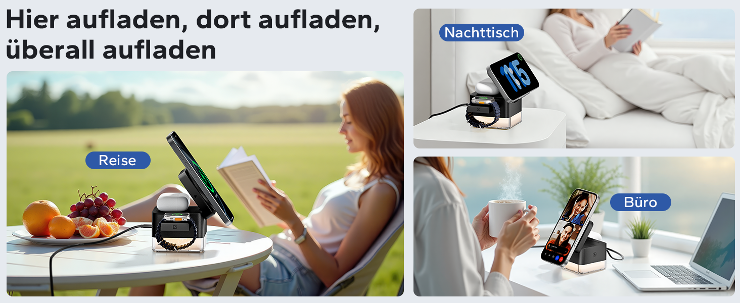 База для зарядки Apple Watch та iPhone KPON Magsafe 3-в-1, сумісна з iPhone 17/16/15/14/13/12/Air/Pro Max, Apple Watch 11/10/9, AirPods (Сірий/Чорний)