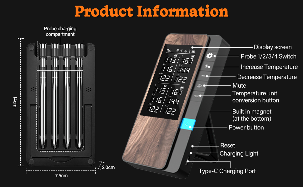 Беспроводний термометр для м'яса 4 шт. з Bluetooth, водонепроникний IP67, для приготування на грилі, в духовці, мангалі, ротатерії, фритюрниці