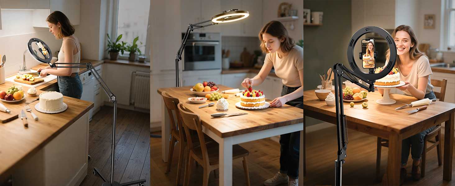 Кріплення для смартфона на штативі з кільцевим світлом для кухні та фуд-відео – штатив з кільцевим світлом для столу | Кільцеві лампи для кухні, випічки, зйомки рецептів, відеозйомки, стріму, контент-мейкінгу, 10 дюймів для столу (10 дюймів для підлоги)