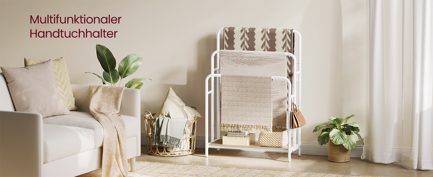 Підставка для рушників VASAGLE, стояча, з 3-ма перекладинами, 70 x 30 x 100 см, 2 гачки, полиця, для рушників, халатів, чорний, LLS019B01