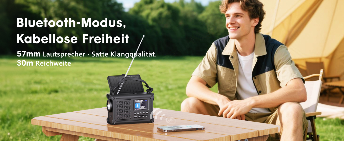 ROCAM Радіоприймач на ручку DAB+/UKW, портативне аварійне радіо з сонячною панеллю 8500 мм² та ручкою 650 мА, цифрове радіо з Bluetooth, 2.4' кольоровий дисплей, 80 станцій, SOS, LED ліхтарик, USB, IPX6 для кемпінгу, чорний