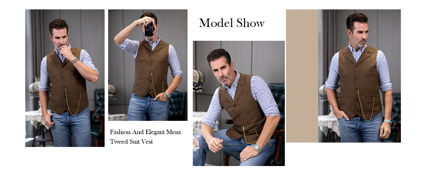 Костюм-тріо чоловічий твід вінтажний з жилетом Туікайо, Herringbone, вовна, XL, коричневий