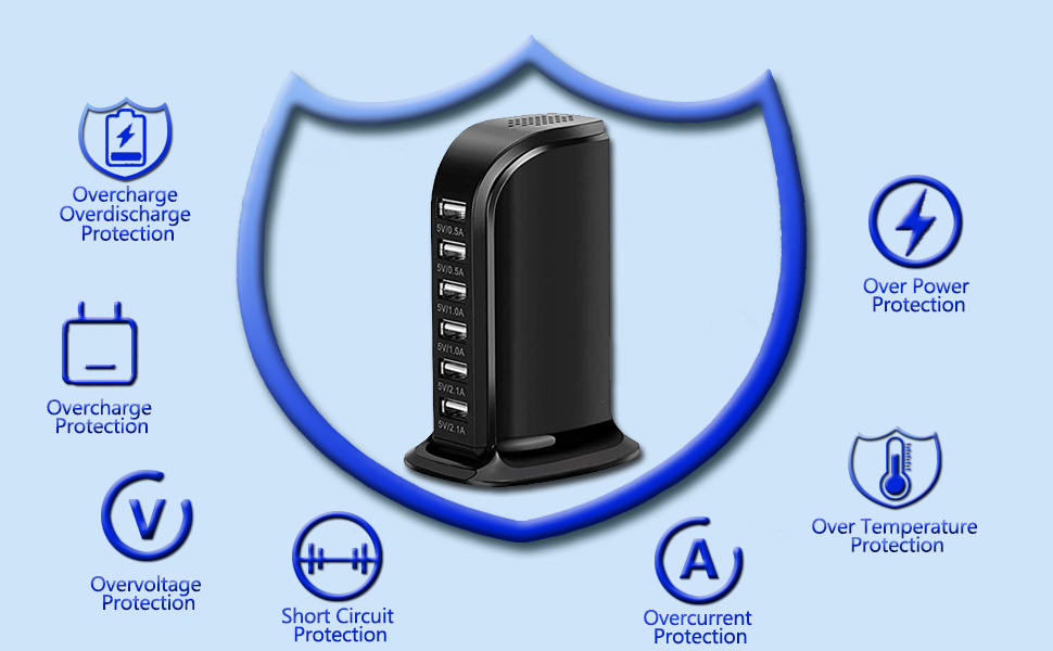 Зарядний пристрій USB мережевий 30W, 6 портів, для iPhone 12/13/14, Samsung Galaxy S22 Ultra/Z Fold/Z Flip, планшетів - Чорний