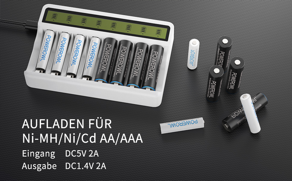 Зарядний пристрій Powerowl з LCD екраном для акумуляторів NI-MH NI-CD AA AAA (Micro-USB, незалежний слот), білий