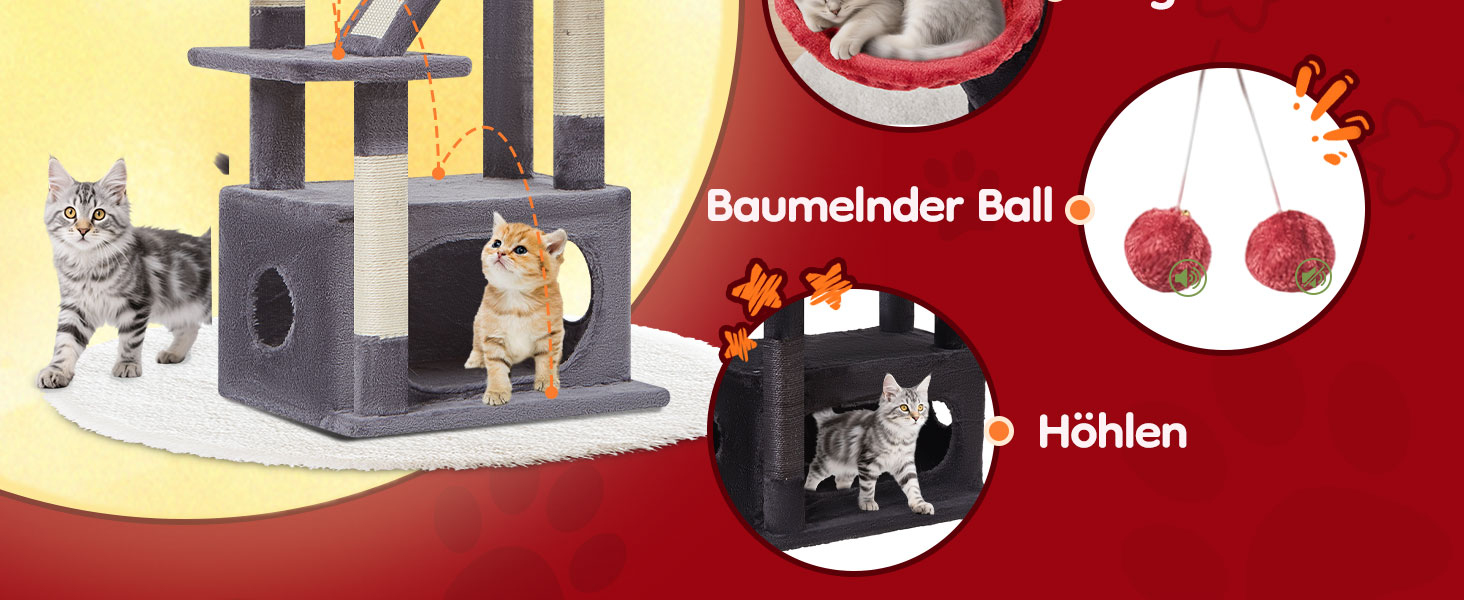 Драбина для котів Taoqimiao Klein, 98 см, з будиночком, корзиною, 4 стовпчиками для шліфування та іграшками, MS029SW (Чорний + Червоний)