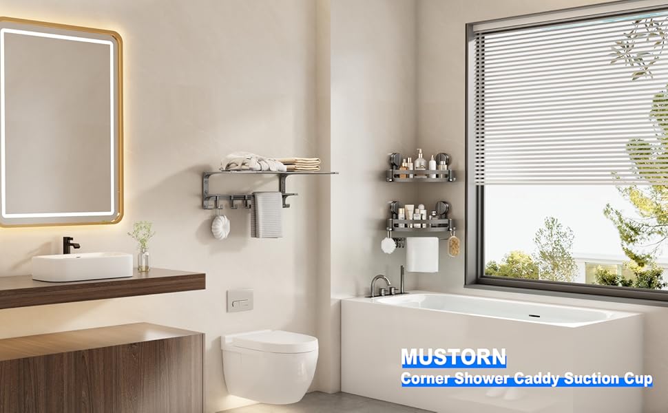 Поличка для душу без свердління, кутова поличка для ванної кімнати, органайзер для душу з тримачем для рушників та знімними гачками (2 шт., сірий) Трикутна