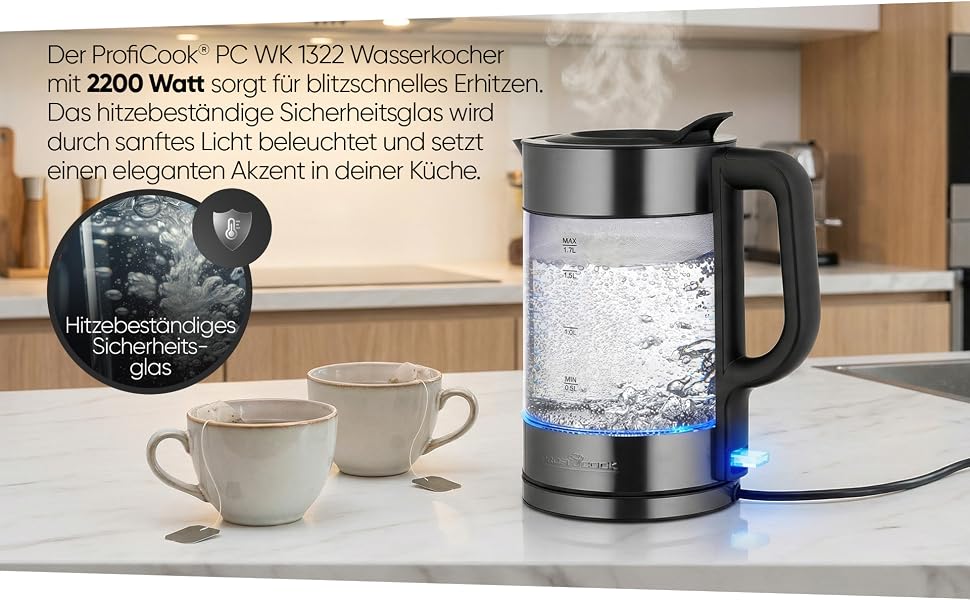 Скляний електрочайник ProfiCook PC WKS 1322, 1.7л, 2200Вт, з підсвіткою та корпусом із темної нержавіючої сталі Dark-inox