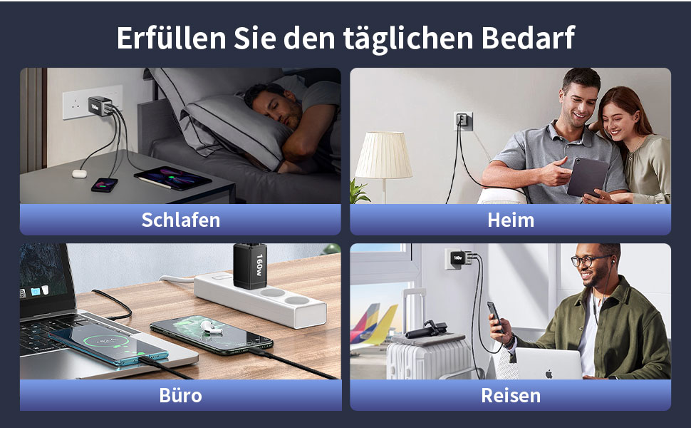 Зарядний пристрій USB-C 160W GaN: Швидка зарядка PPS, 3 порти для MacBook Pro/Air, iPad, iPhone 16/15/14 - Чорний