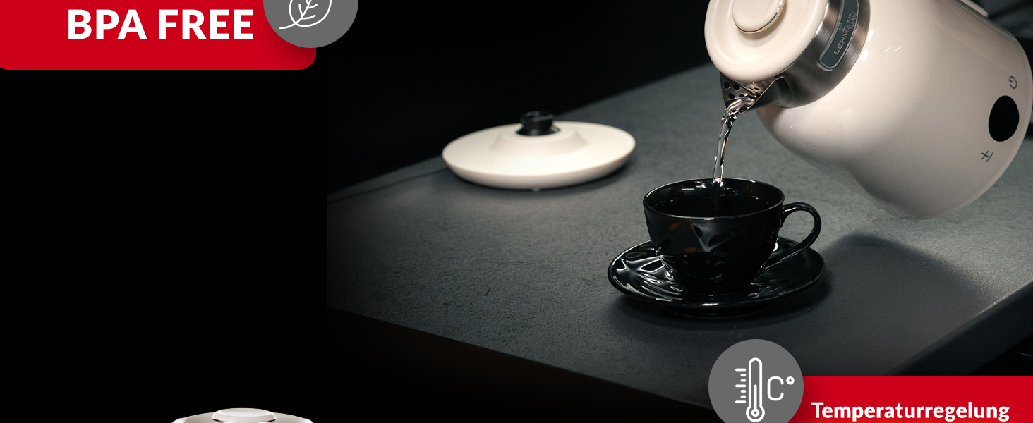 Електричний чайник LEHMANN з регулюванням температури 40-100°C, 1,5L, функцією підігріву, швидким нагріванням, LED-дисплеєм, нержавіючою сталлю, автовимкненням та захистом від перегріву, BPA-free, кремовий