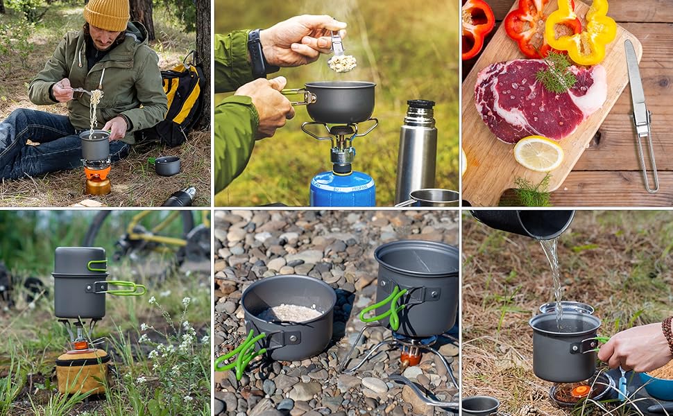 Набір кухонного посуду ERBO для кемпінгу, 2 особи: каструля з алюмінію, складане приладдя, для пікніків, риболовлі та походів (зелений)