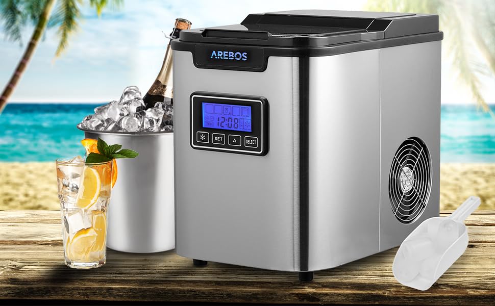 Машина для приготування льоду Arebos | 12 кг/24 год | Швидке виробництво (10-15 хв) | 3 розміри кубиків | 2.2 л резервуар | Таймер, LCD дисплей, самоочищення