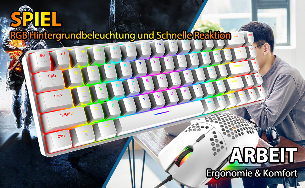 Ігровий комплект клавіатури та миші RGB, 68 клавіш, Red Switch, 60% механічна клавіатура, миша 6400DPI, USB-кабель, сумісна з Windows, Mac, PS4, білий колір