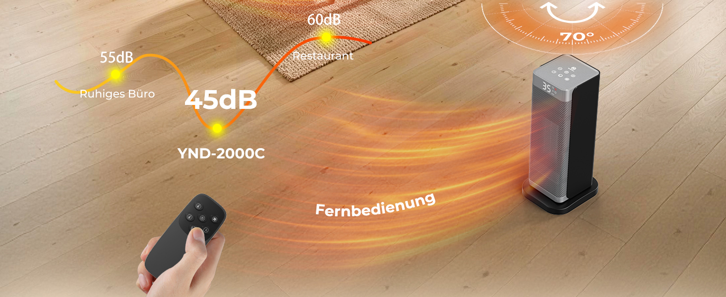 Керамічний обігрівач Fitabok 2000W з дистанційним керуванням, PTC-нагрівачем, таймером на 12г, ECO-режимом та поворотом 70°, сріблястий