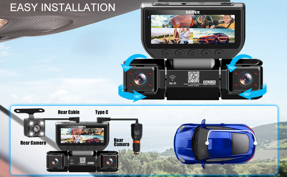 Автомобільний відеореєстратор GEMEK 4K/2K 360° огляду, 4-канальна Dashcam (передня, задня, ліва та права камери), 5G Wi-Fi, керування через додаток, G-сенсор, нічна зйомка, 3.16