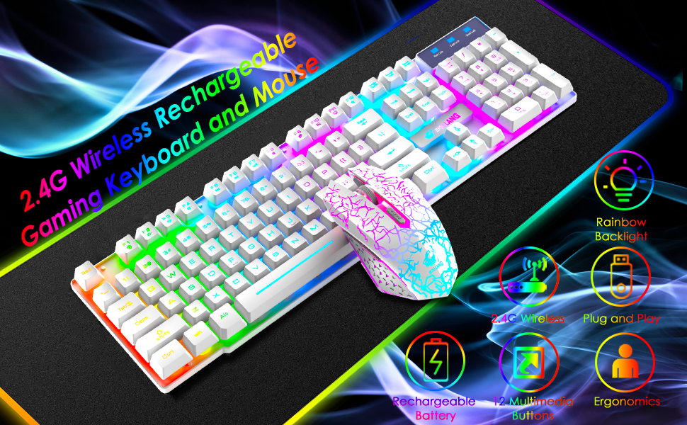 Бездротова клавіатура з підсвічуванням RGB, 2.4G, механічна, 104 клавіші, ігрова + миша 2400 DPI, 6 кнопок, оптична LED, килимок для миші (білий)