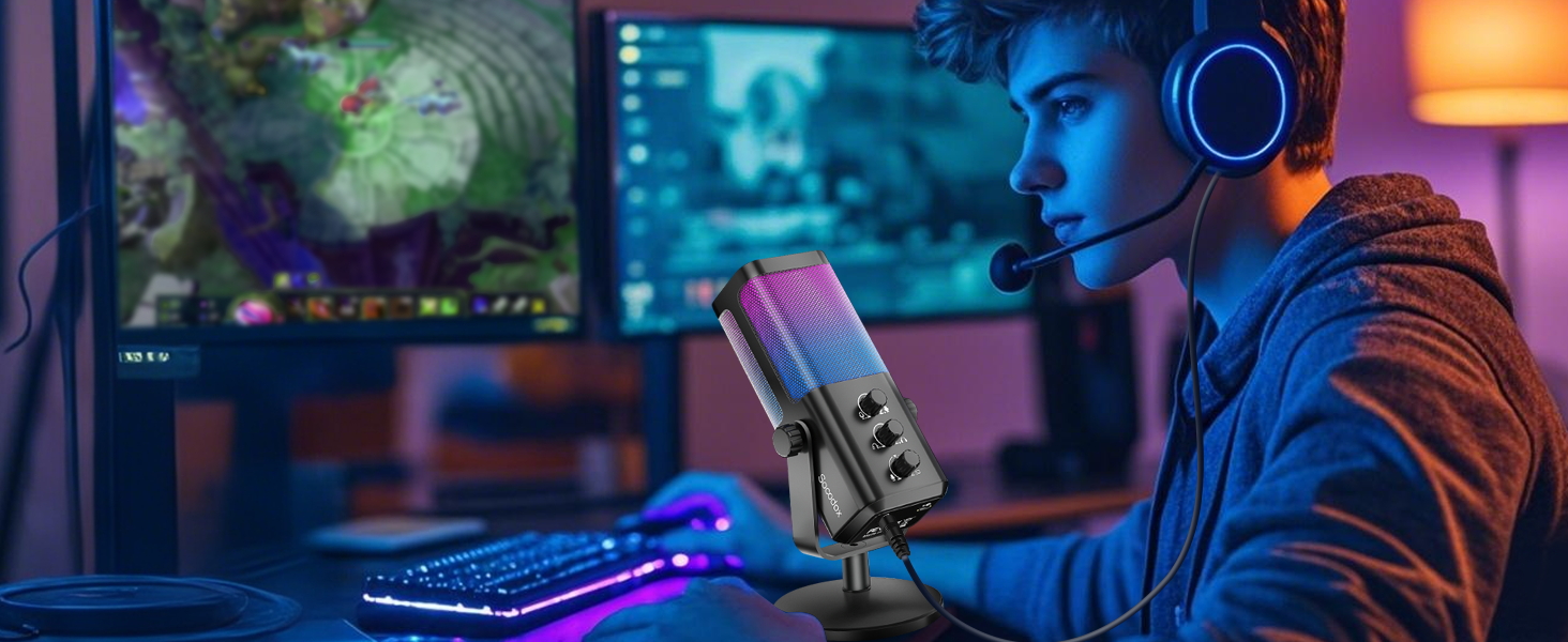 Мікрофон USB для ігор та стрімінгу з RGB підсвічуванням та шумозаглушенням. Підходить для ПК, PS4, PS5, Mac, запису подкастів та ASMR.