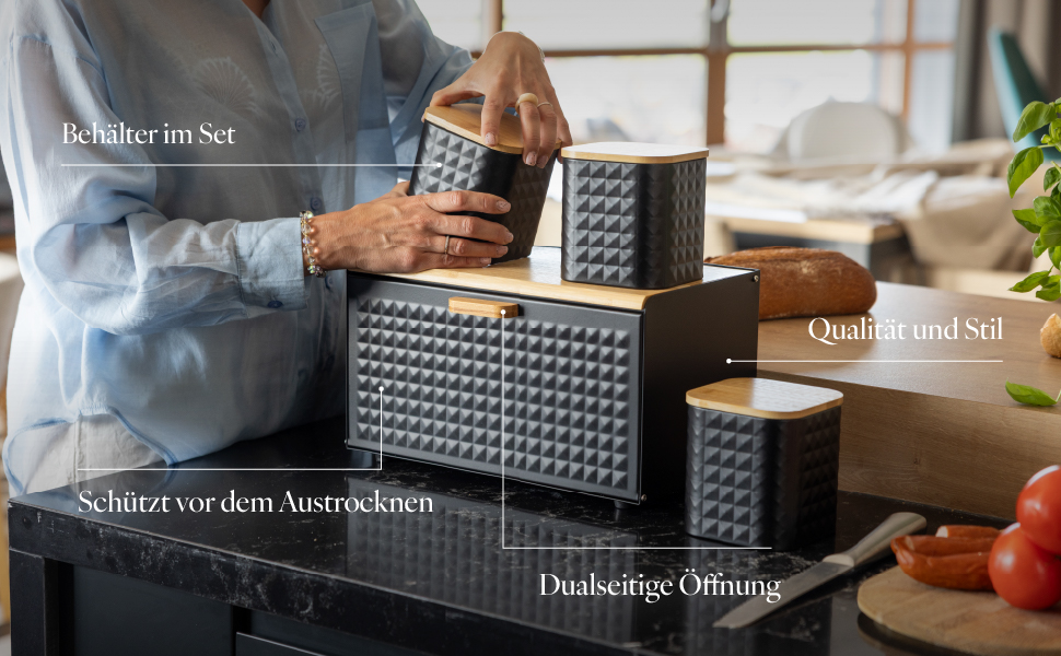 Бротокнига Florina CUBE: сталева бротокнига з бамбуковим кришкою + набір з 3 контейнерів для зберігання CUBE I | Чорний колір
