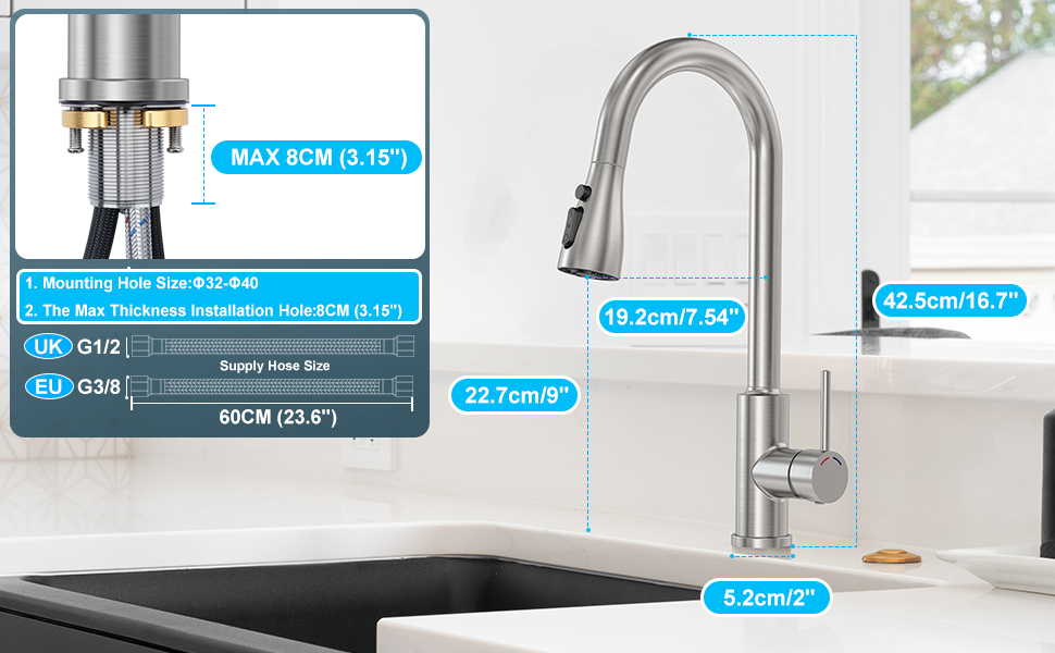 Змішувач для кухні SREWOHS PRO 4 з висувною лійкою, 4 режими розпилення, високий тиск, нержавіюча сталь, 360° обертання, високий вилив, однорідний змішувач, кухонний змішувач з одним отвором (нікель)