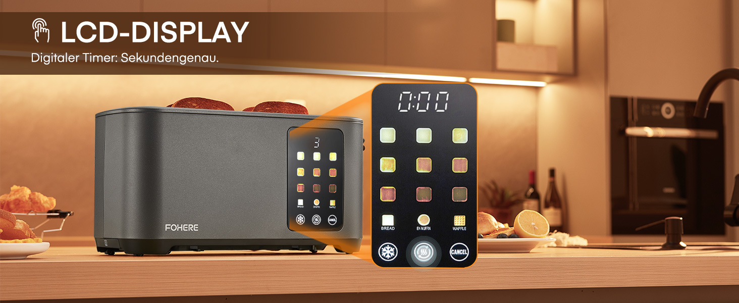 Тостер на 4 підсмажувальні слоти, 1400W, нержавіюча сталь, довгі слоти, 9 режимів підсмажування, 3 види хліба, функція відключення, розморожування та підігріву, сенсорне керування, з насадкою для бутербродів (сірий)