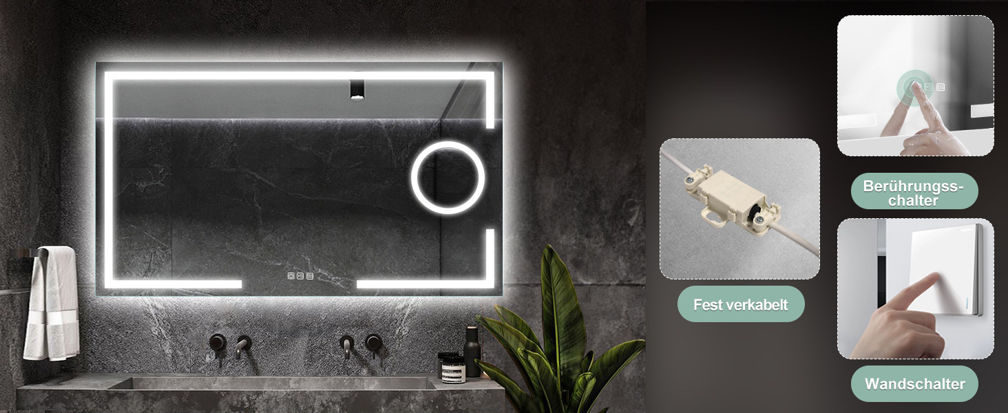 Дзеркало для ванної кімнати S'bagno з підсвічуванням 100x70 см, 5x збільшення, LED, алюмінієва рама, протитуманне покриття, 3 кольори, диммування, пам'ять, HD скло, IP44, без Bluetooth