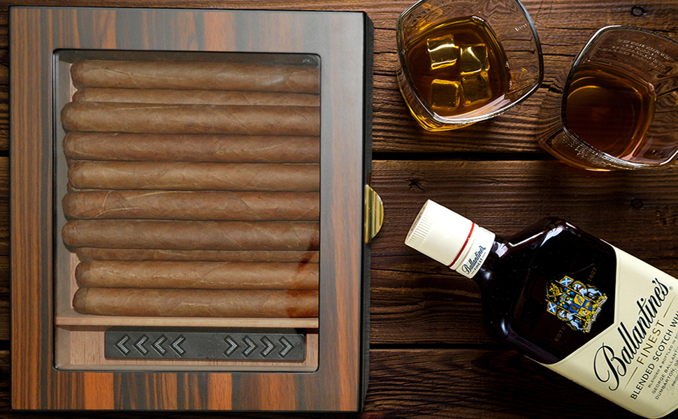 Вологозбережувач для сигар Eitida на 25-50 сигар з дисплеєм з загартованого скла, ручної роботи, з іспанського червоного кедру з перегородкою, зволожувачем та гігрометром, чорний ебоніт (Сантос Палісандр)