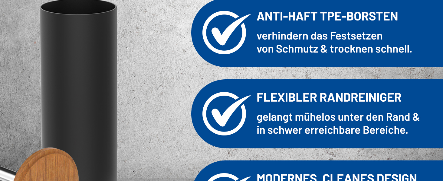 Набір для туалету Rival Life Style з круглою щіткою, ручка з нержавіючої сталі та кришка з масивної букової деревини – ергономічна щітка для туалету – для швидкого та ретельного очищення. (Чорний, щітка з нотками)