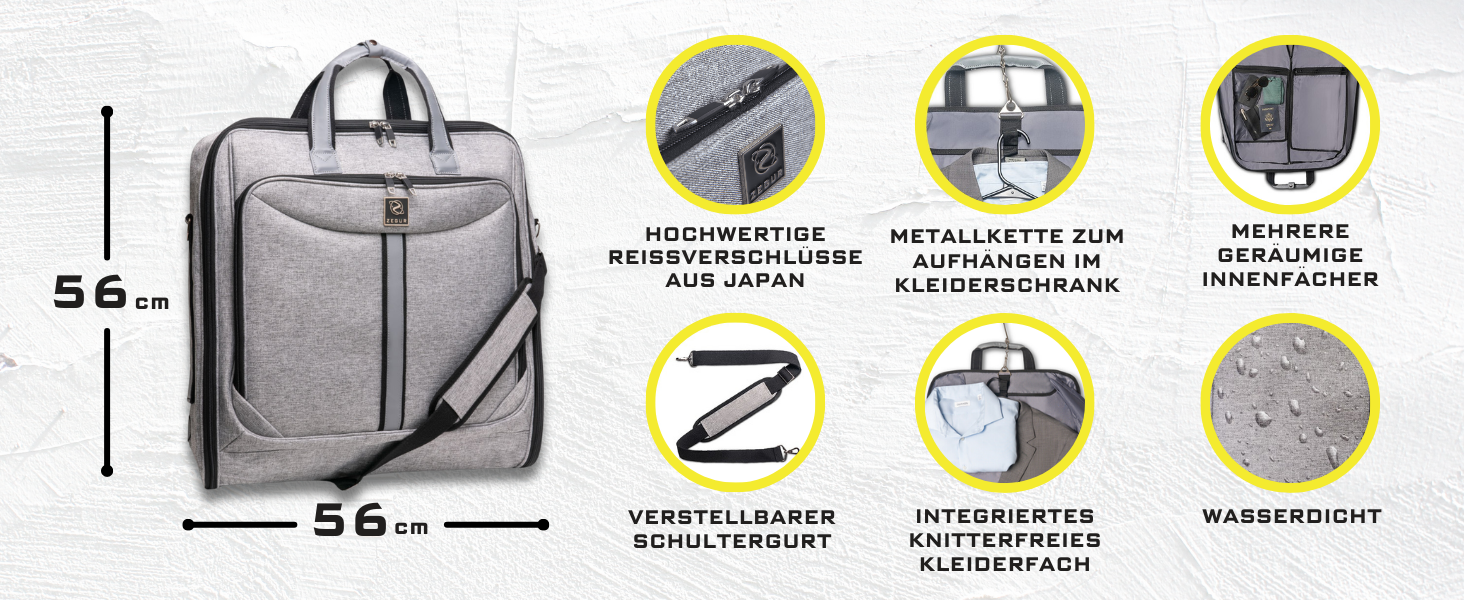 Дорожній чохол для костюмів Kleidersack Luxe Grijs на 3 костюми, з плечовим ременем та кишенями, ручна поклажа для подорожей і відряджень