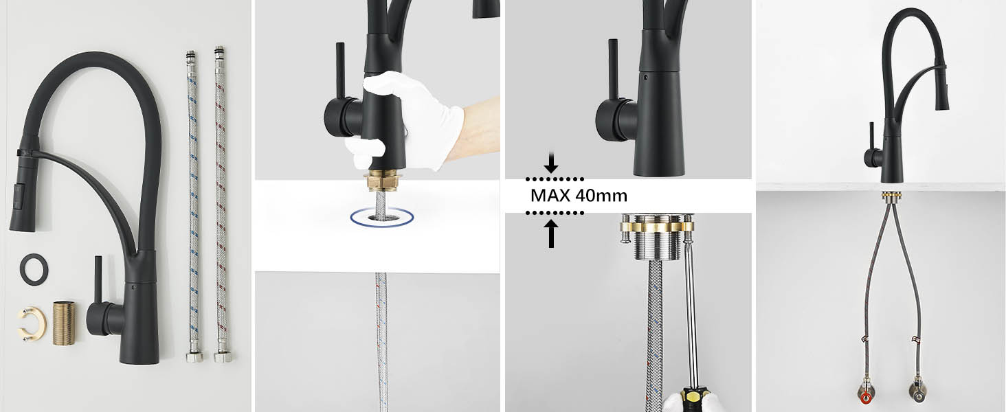 Кухонний змішувач з двома виливами, поворотний 360°, з висувною лійкою, з спіральною пружиною, для мийки, чорний, з матовою обробкою