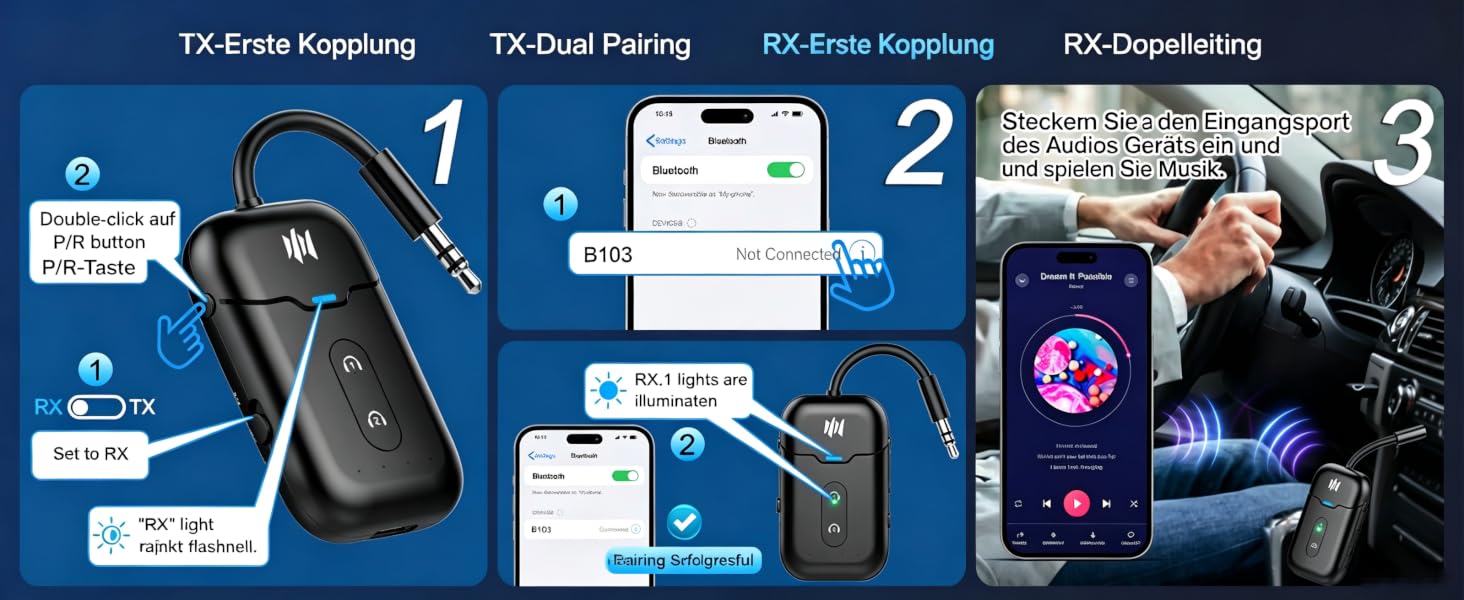 Bluetooth-адаптер 2-в-1 для літака (трансмітер та ресивер) з підтримкою aptX, роз'єм 3.5 мм Jack, версія 5.4, чорний
