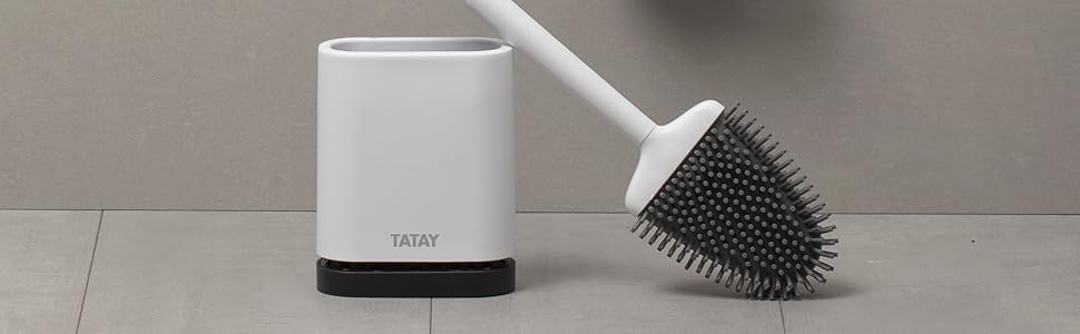 ТАТАЙ Щітка для унітазу з нержавіючої сталі з підставкою | Сучасний дизайн | З внутрішнім контейнером | Легко миється | Для гігієни у ванній кімнаті | 9 x 9 x 37 см | Силіконова щітка