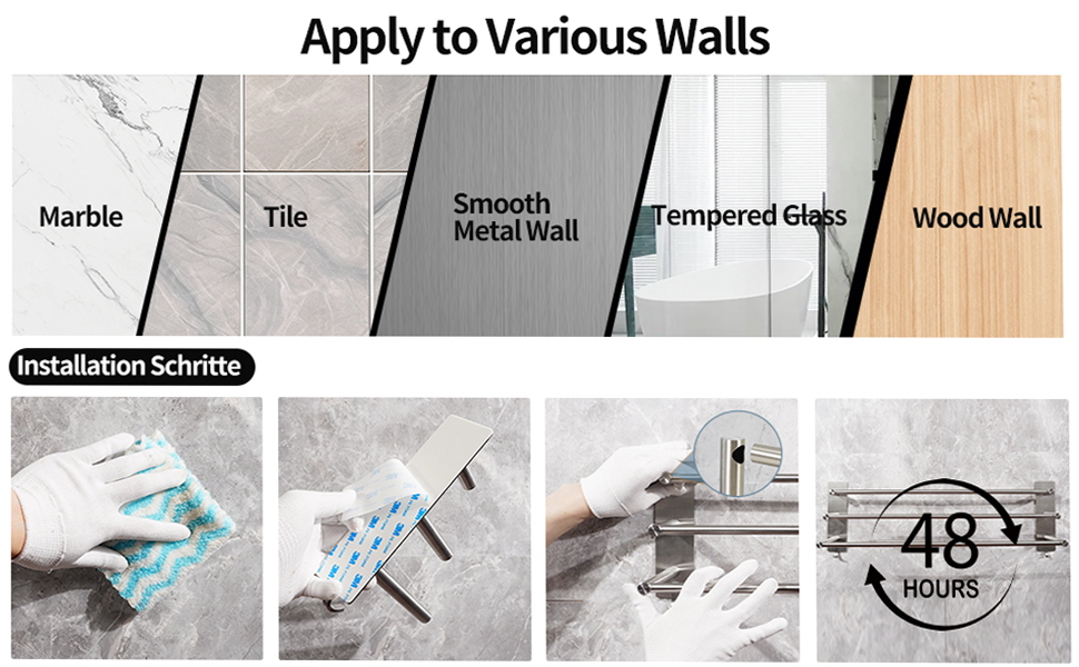 Тримач для рушників на стіну без свердління, SUS304 нержавіюча сталь, 3 стійки, 2 гачки, 60 см, сріблястий