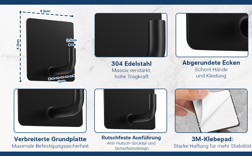 Набір гачків для рушників без свердління, 6 шт. з нержавіючої сталі, самоклеючі, до 10 кг, для ванної кімнати та кухні